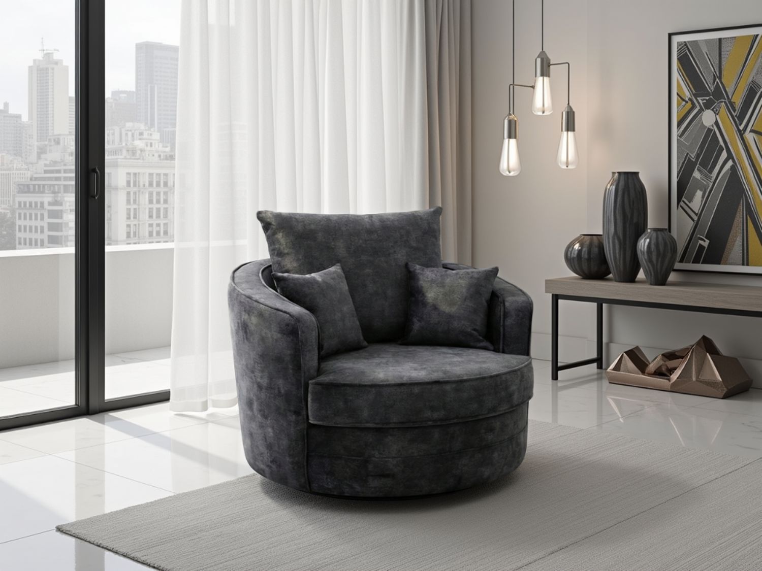 Black Fabric Round Swivel Pillow Back Chair with Cushion